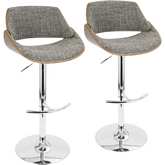 Fabrizzi Adj Swivel Bar Stool in Chrome, Walnut & Grey Fabric (Set of 2)